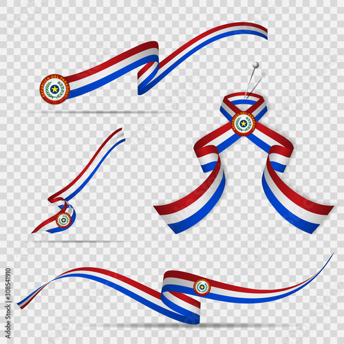 Flag of Paraguay. 15th of May. Set of realistic wavy ribbons in colors of paraguayan flag on transparent background. Independence day. National symbol. Vector illustration.