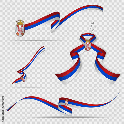 Flag of Serbia. 15th of February. Set of realistic wavy ribbons in colors of serbian flag on transparent background. Coat of arms. Independence day. Double eagle. National symbol. Vector illustration.