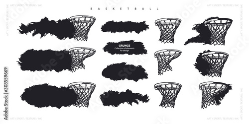 Vector collection for basketball. Elements for sports design, abstract black backgrounds. Basketball hoop, hand-drawing, grunge stripes for text.