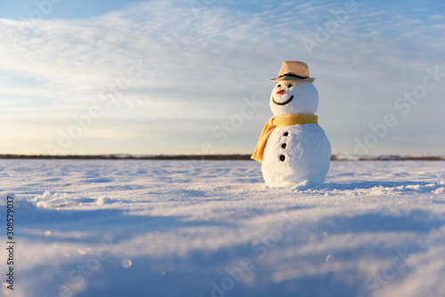 Funny snowman in stylish hat and yellow scalf on snowy field. Merry Christmass and happy New Year!