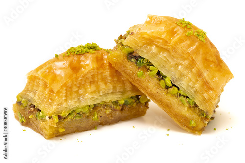 turkish pistachio baklava on a white background