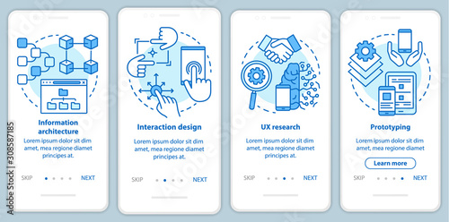 Software development onboarding mobile app page screen vector template. Application programming. Walkthrough website steps with linear illustrations. UX, UI, GUI smartphone interface concept