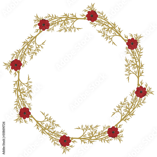 Isolated vector illustration. Round floral decor, frame or texture. Wreath of Adonis flower branches.