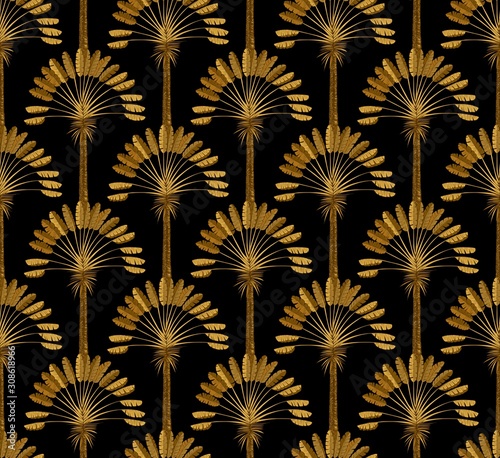 Gold and black Wallpaper with floral pattern in the style of art Deco. Ordered vintage ornament with palm trees.