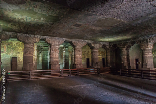 Interior of a Buddhist cave carved into a cliff in Ajanta, Maharasthra state, India