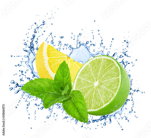 Cutted lime and lemon with mint in water splashes isolated on white background.