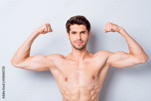 Photo of handsome macho man guy showing perfect fit shape biceps looking mirror love himself after sport gym strong man topless tender torso body isolated grey background