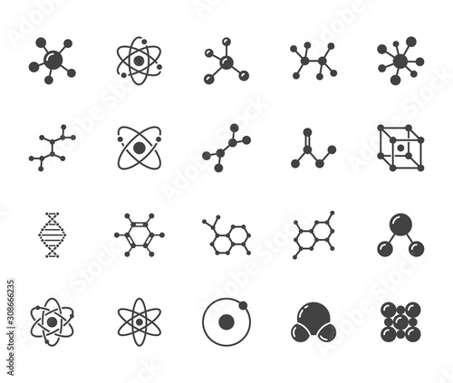 Molecule flat glyph icons set. Chemistry science, molecular structure, chemical laboratory dna cell protein vector illustrations. Signs scientific research. Silhouette pictogram pixel perfect 64x64