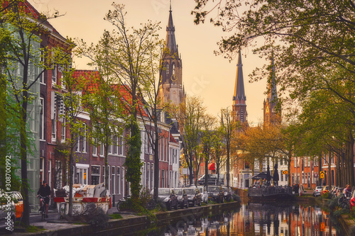 Beautiful view of Delft town and it's canals
