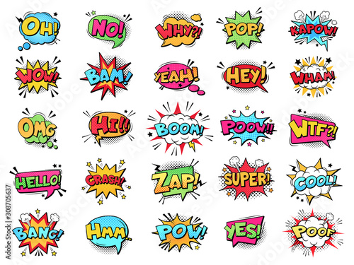 Comic speech bubble. Cartoon comic book text clouds. Comic pop art book pow, oops, wow, boom exclamation signs vector comics words set. Creative retro balloons with funny slang phrases and expressions