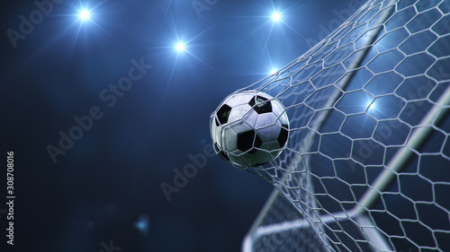 Soccer ball flew into the goal. Soccer ball bends the net, against the background of flashes of light. Soccer ball in goal net on blue background. A moment of delight. 3D illustration