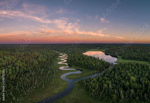 An aerial view of a winding Clearwater Creek in Northwest Ontario, Canada.