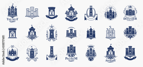 Castles logos big vector set, vintage heraldic fortresses emblems collection, classic style heraldry design elements, ancient forts and citadels.