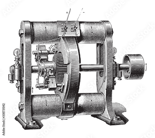 Electricity machine Dynamo electric by Schuckert - vintage illustration from Meyers Konversations-Lexikon 1897