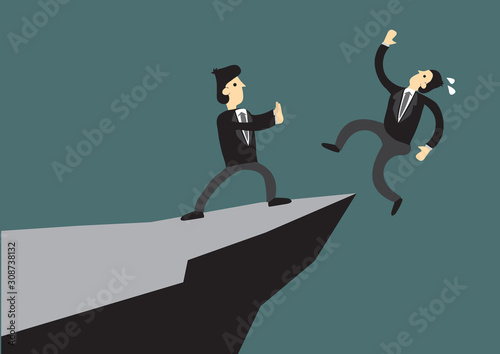 Business man pushing his competitor off the cliff. Concept of competition, sabotage and danger of the corporate business world. Vector cartoon illustration.