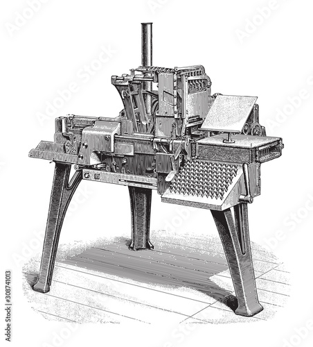 Linotype and typecasting machine (Monoline) / vintage illustration from Meyers Konversations-Lexikon 1897