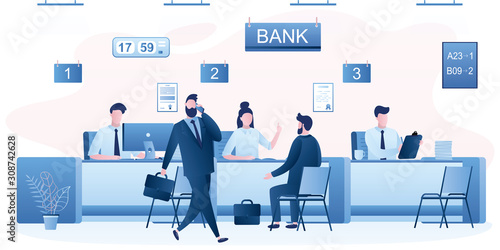 Modern bank office interior. Bank managers and customers characters. People clients in bank office room.
