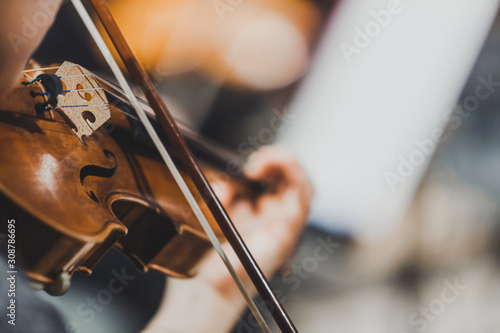 Side views of classical instruments - violin, double basses, cellos, closeup of hands