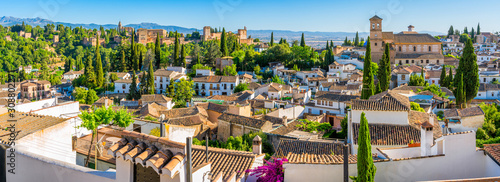 Panoramic sight of the Alhambra Palace and the Albaicin district in Granada. Andalusia, Spain.