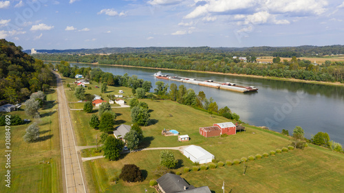 Aerial Perspective Barge Transportation Over Gallipolis Waterfront along the Ohio River