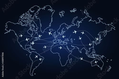 The contour of the world map on a dark background, airplanes with a motion path: traveling around the world, concept. Vector illustration