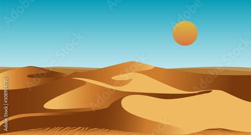 Uninhabited African desert with sand dunes and scorching sun in sky. Summer landscape or scenery with barchans. Natural decorative background template. Colorful flat cartoon vector illustration.