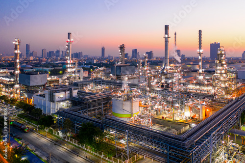 Aerial view of twilight of oil refinery ,Shot from drone of Oil refinery plant.