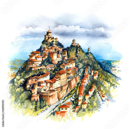 Watercolor sketch of Old Town and three famous fortresses Guaita tower, Cesta and Montale on top of Mount Titano, Republic of San Marino