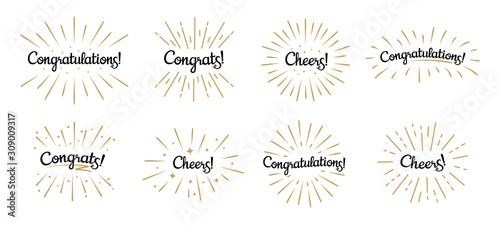 Congratulations lettering. Congrats label, cheers celebration and congratulation text badges with golden burst. Congrats quotation card. Isolated vector symbols set