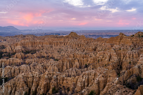 Stormy badlands landscape in Purullena. Guadix region. Province of Granada. Andalusia. South Spain