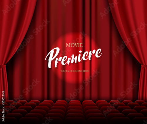 Theater stage vector template illustration with red heavy curtain and seats.