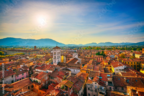 Lucca panoramic aerial view of city and San Michele Cathedral. Tuscany, Italy