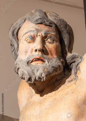 BANSKA STIAVNICA, SLOVAKIA - FEBRUARY 19, 2015: The detail of carved statue of Christ on the cross as the part of baroque Calvary from years 1744 - 1751.