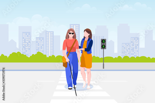 Woman helps blind woman cross road. Taking care of disability people. Vector illustration. Social support concept