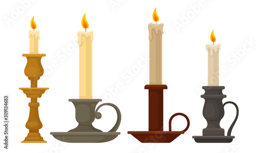 Candles in Candlesticks Vector Set. Vintage Candle Holders and Candelabrums