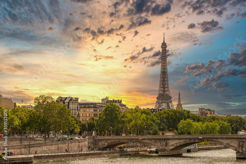 Paris Gorgeous Sunset with Eiffel Tower in Background