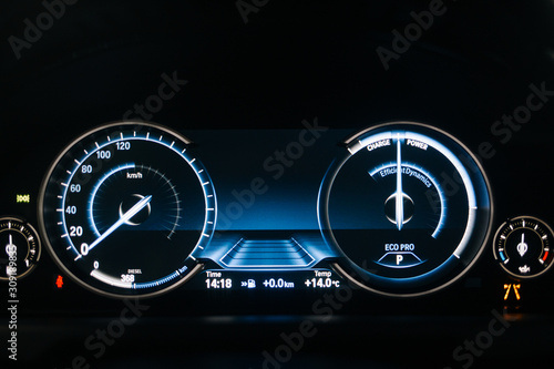 Electric car dashboard with backlight and engine starting 