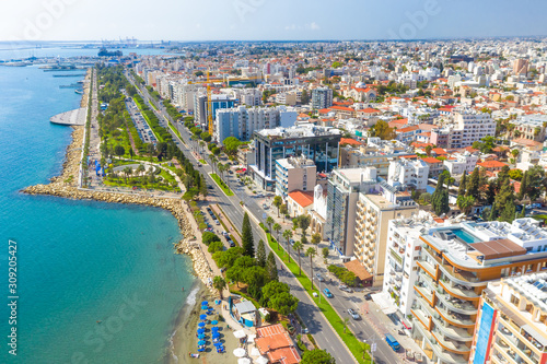 Aerial View Of Molos Promenade and Limassol cityscape