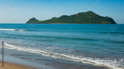 Empty paradise Mexican Beach with Deer Island as background (Isla de los Venados) in Mazatlan, Mexico