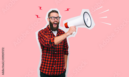 Fashion portrait of emotional hipster man with megaphone in stylish sunglasses. Sales man using megaphone yelling. Discount, sale, season sales.
