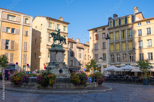 Fontain and equestrian statue of Rene II Duke of Lorraine on Place Saint Epvre in Nancy, France