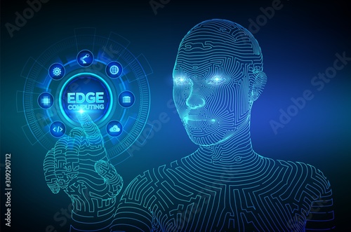 Edge computing modern IT technology on virtual screen concept. Edge computing industry 4.0 concept. Internet of things. Wireframed cyborg hand touching digital interface. Vector illustration.