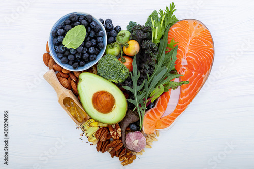 Heart shape of ketogenic low carbs diet concept. Ingredients for healthy foods selection on white wooden background. Balanced healthy ingredients of unsaturated fats for the heart and blood vessels.