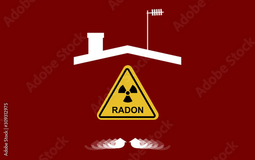 Radon, a contaminant that affects indoor air quality worldwide. Illustration, silhouette of a house, roof, chimney, antenna, and blank direction arrows. Risk of possible accumulation inside the home.