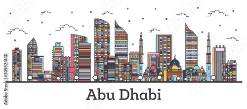 Outline Abu Dhabi United Arab Emirates City Skyline with Color Buildings Isolated on White.