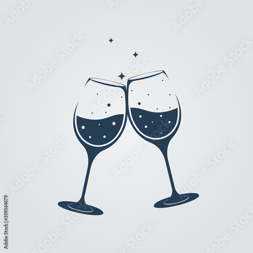 Two champagne glasses clink in toast. Vector illustration flat design. Isolated on white background. The symbol of the bar and restaurant. Celebrating an anniversary or birthday.