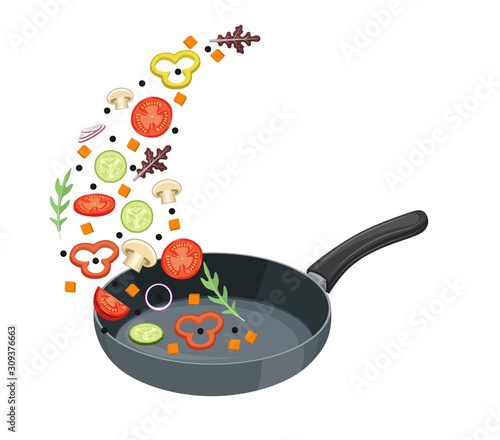 cooking pan with vegetables. Healthy food concept. Vegetables are flying out of the pan isolated on white background. Vector illustration in flat style