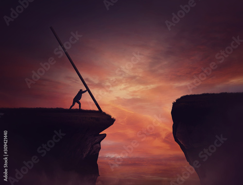 Businessman pushing a long beam, creating an improvised bridge to cross the abyss obstacle. Cover the gap and reach other side of the cliff. Mission accomplishment, overcome and success concept.