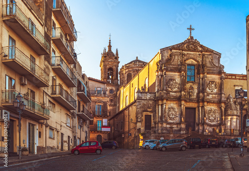 Empty square and view of the church of Santa Maria del Monte in ceramic city Caltagirone in Sicily, south Italy