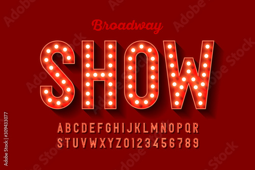 Broadway style retro light bulb font, vintage alphabet letters and numbers